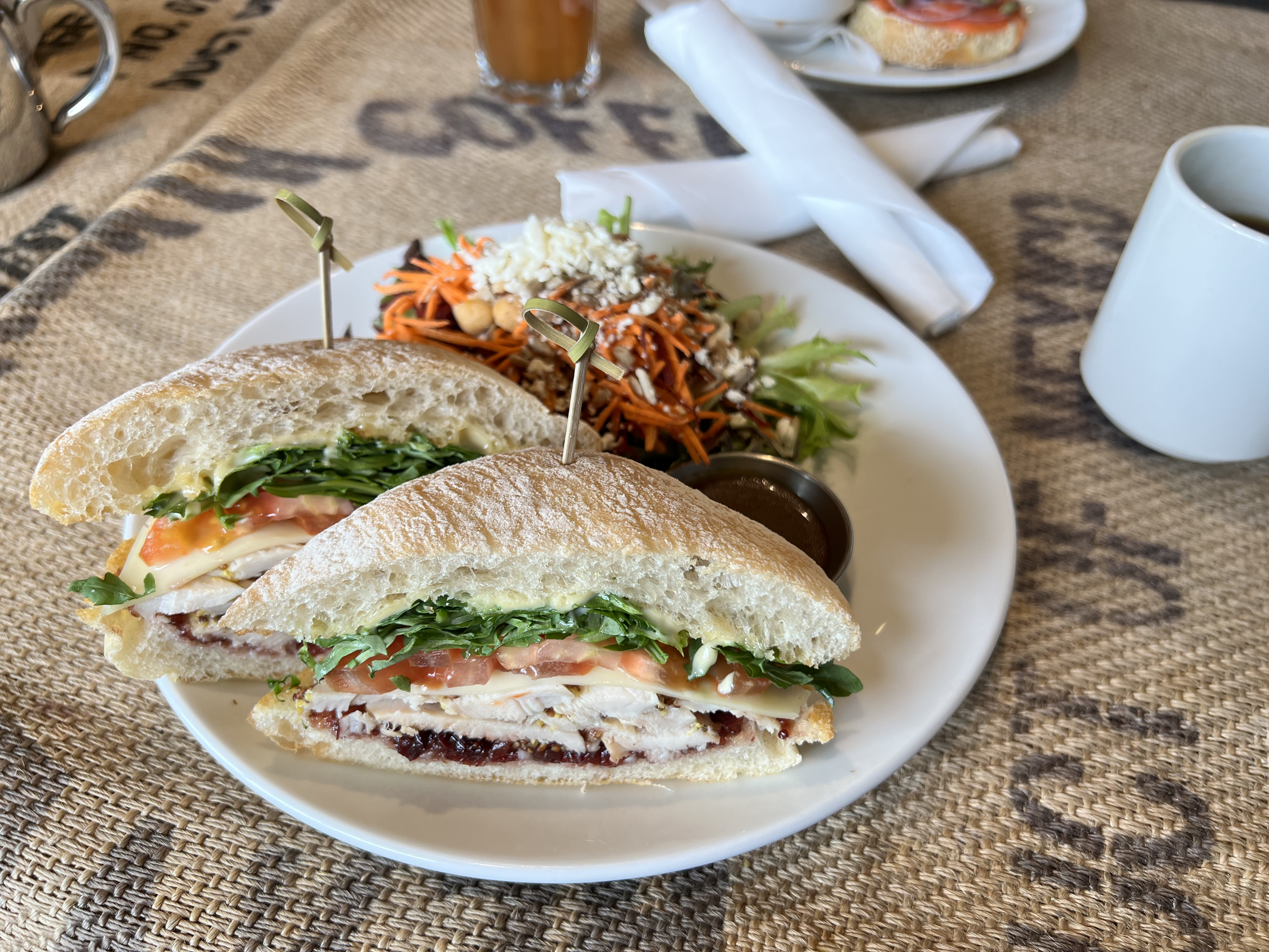 Estevan Sandwich - chicken breast, swiss cheese, cranberry relish, arugula, tomatoes, aioli, ciabatta bun